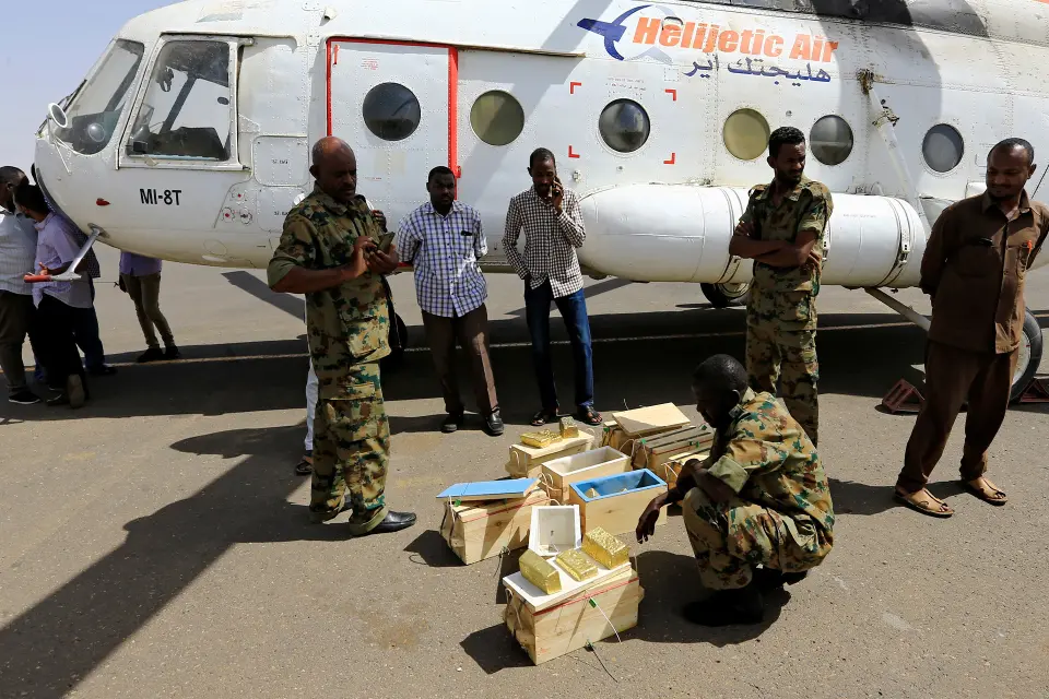Sudanese Rapid Support Forces (RSF) display gold bars seized from a plane that landed at Khartoum Airport in an investigation into possible smuggling, in Khartoum Sudan May 9, 2019. REUTERS/Mohamed Nureldin Abdallah
