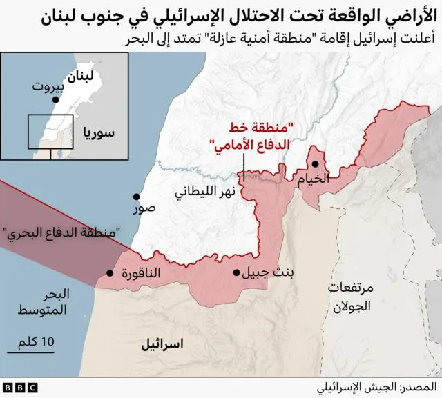 تُظهر الخريطة جنوب لبنان وشمال إسرائيل على طول ساحل البحر المتوسط. وتشير المناطق المظللة باللون الأحمر إلى مناطق محتلة أو خاضعة للسيطرة براً وبحراً. وتشمل المواقع الرئيسية المحددة على الخريطة صور على الساحل، والناقورة قرب الحدود، وبنت جبيل في الداخل، والخيام إلى الشرق. ويظهر نهر الليطاني متدفقاً غرباً نحو البحر. كما يحدد إطار جانبي موقع لبنان بالنسبة إلى سوريا وبيروت. وتظهر مرتفعات الجولان إلى الجنوب الشرقي.