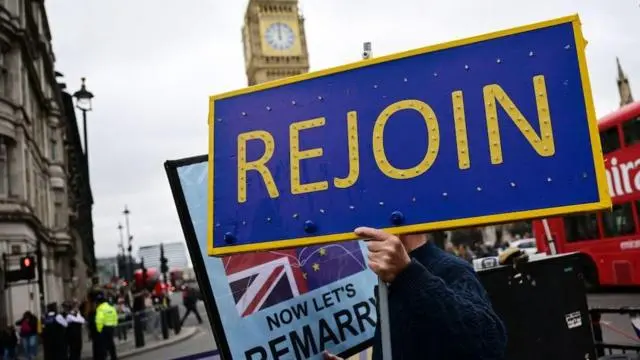 متظاهرون يرفعون لافتات تطالب بالعودة للاتحاد الأوروبي أمام ساعة بيغ بن الشهيرة في لندن